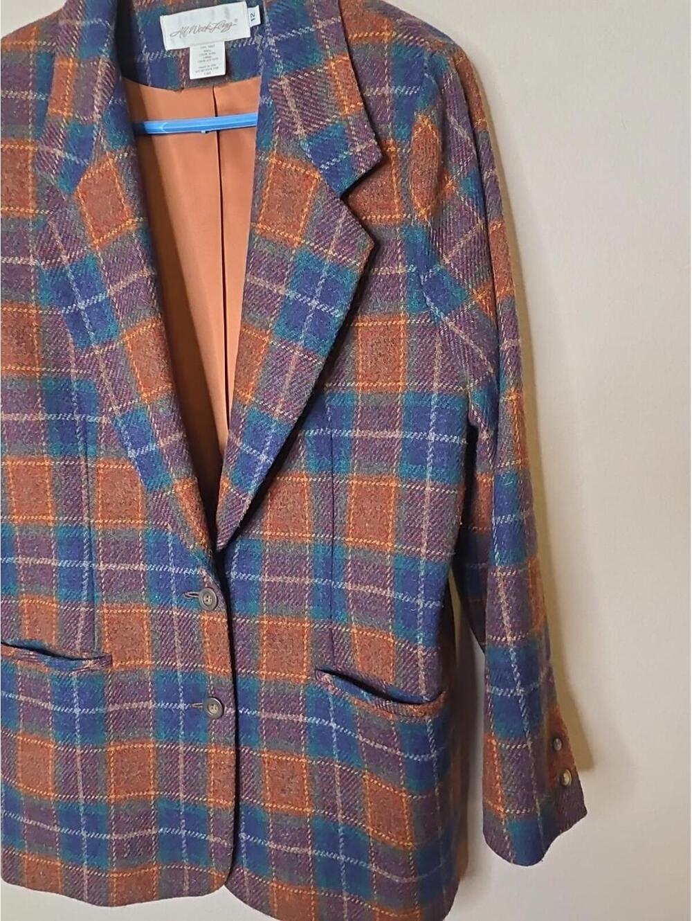 VTG All Week Long Women's 100% Wool Plaid Blazer Size 12 Shoulder Pads USA Made - Picture 3 of 6